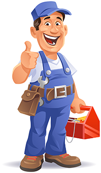Illustration d'un serrurier en blouse bleue et casquette bleue, tenant une caisse à outils rouge dans sa main gauche et faisant un pouce levé avec sa main droite tout en souriant.