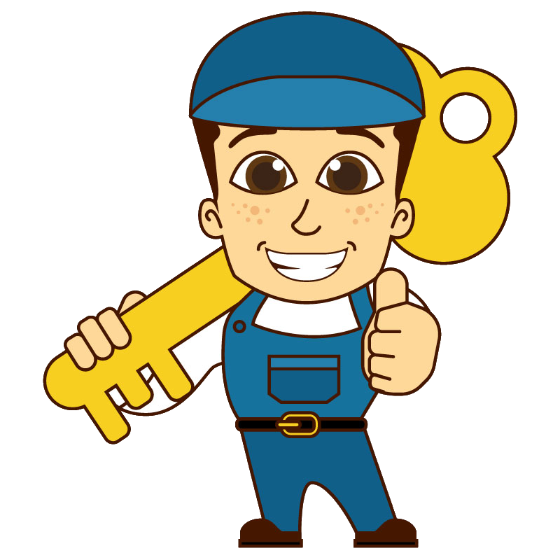 Illustration d'un serrurier souriant avec une grande clé sur le dos, faisant un pouce levé avec sa main gauche.